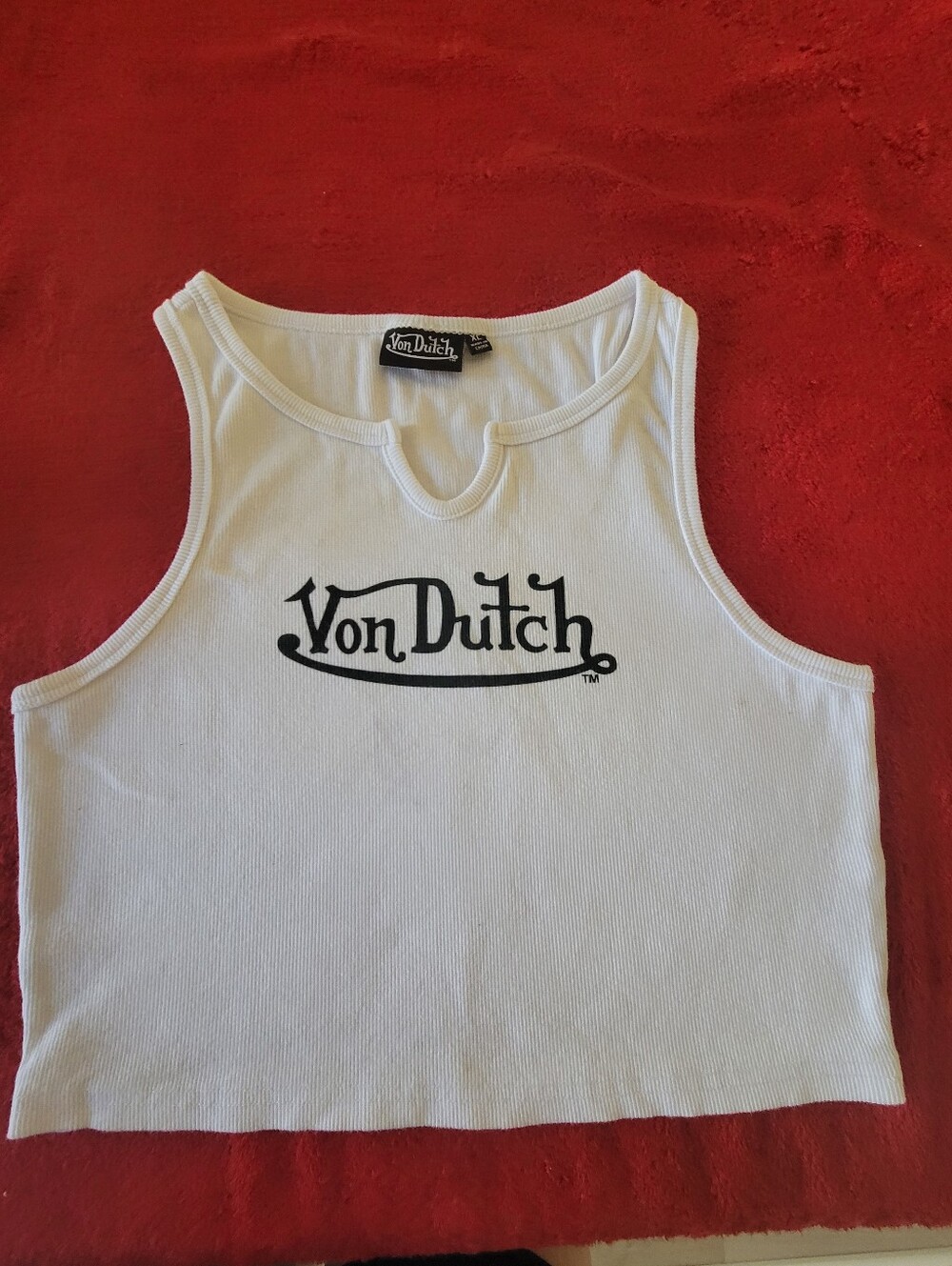 Von Dutch White Ribbed Logo Crop Tank Top